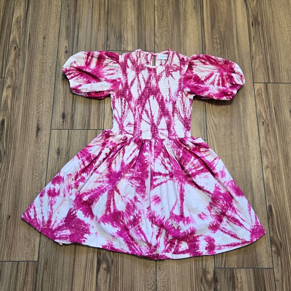 SWF Pink White Tie Dye Smocked Mini Dress Puff‎ Sleeve Cotton Size S